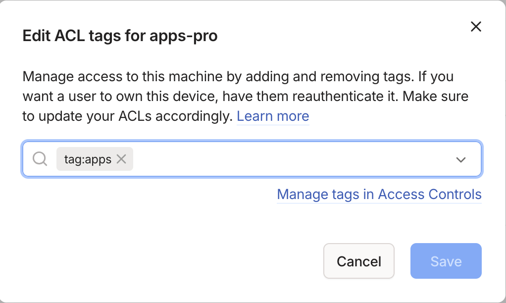 Tagging apps-pro with tag in the Tailscale admin console